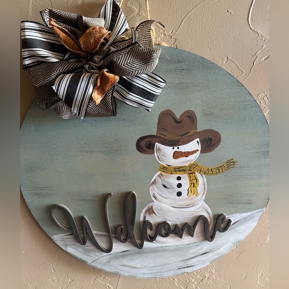Rustic Snowman Welcome Sign door hanger